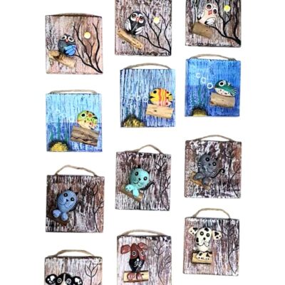 Retablo 10cm gato, pescado, buho, perro