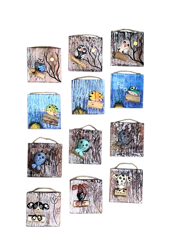 Retablo 10cm gato, pescado, buho, perro