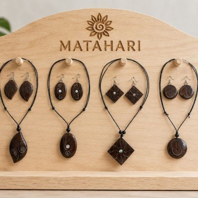 Conjunto de aros +collar de madera ,fierro