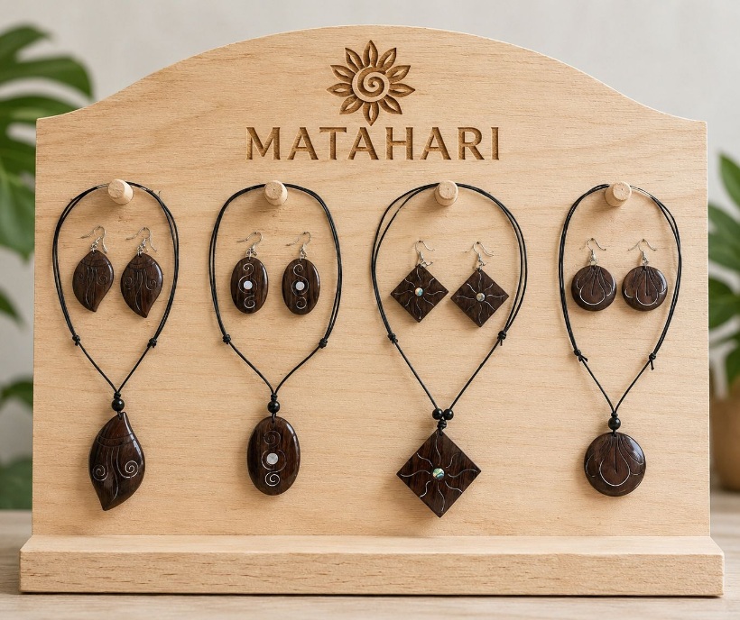Conjunto de aros +collar de madera ,fierro
