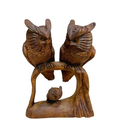 Buho doble con pichon 42cm madera tallada
